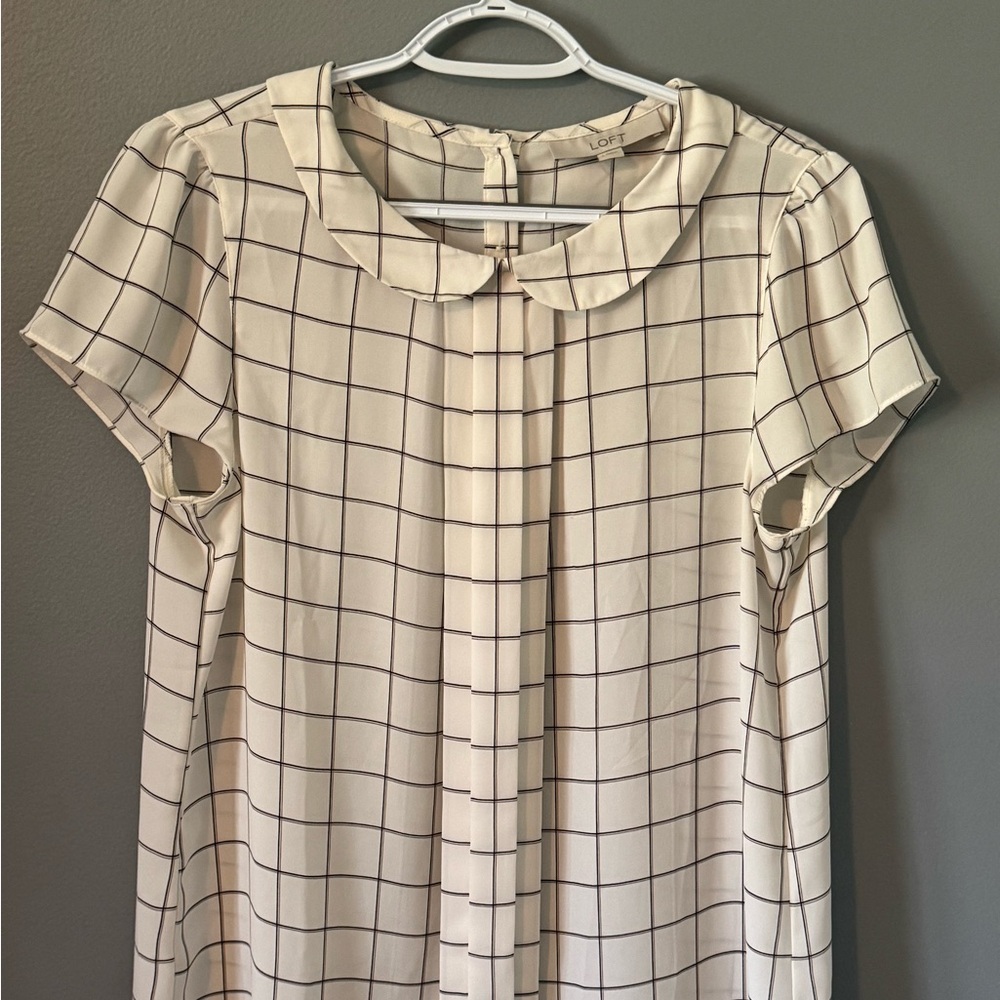 Loft Cream Checkered Blouse with Peter Pan Collar Size Large